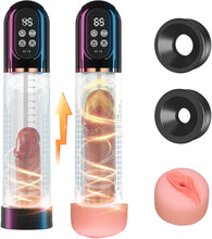 Laden Sie das Bild in den Galerie-Viewer, Penispumpe für Penisvergrößerung Sex Spielzeug für die Männer, Elektrische Penis Vakuumpumpe mit Taschenmuschi 4 + 3 Saugstufen, IPX7 100% Wasserdicht Erektion Masturbator mit 2 Silikonhülsen