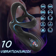 Laden Sie das Bild in den Galerie-Viewer, 3 in 1 Silikon Cockring Vibratoren-Anal und Perineum Klitoris Stimulator mit 10 Modi Vibration,Dehnbar Penisringe Erektion Massager,Sexspielzeug für Männer und Paare Extrem Schwarz