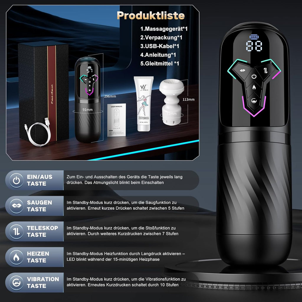 Beheizter Sex Spielzeug für die Männer Masturbator, Masturbieren für Männer 10 Vibrations & 7 Stoß & 5 Saugmodi, Zungenleck Taschenmuschi Sexspielzeug Masturbatoren, App-Steuerung Sex Toys Penispumpe