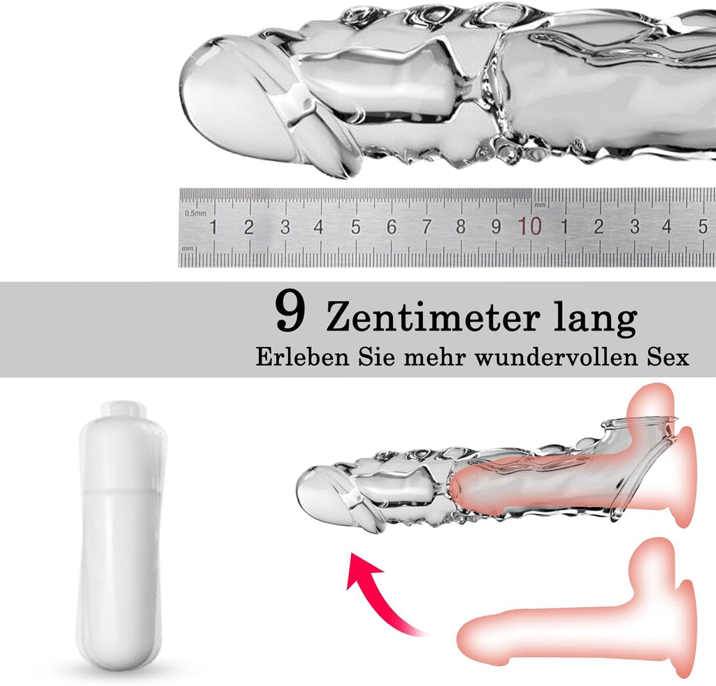 Penishülle mit Vibrator für 9 CM Penisverlängerung,Penis Sleeve erotisches Sexspielzeug für die Männer Penis Hülle Penismanschetten Sex Toyset Herren (Transparent)
