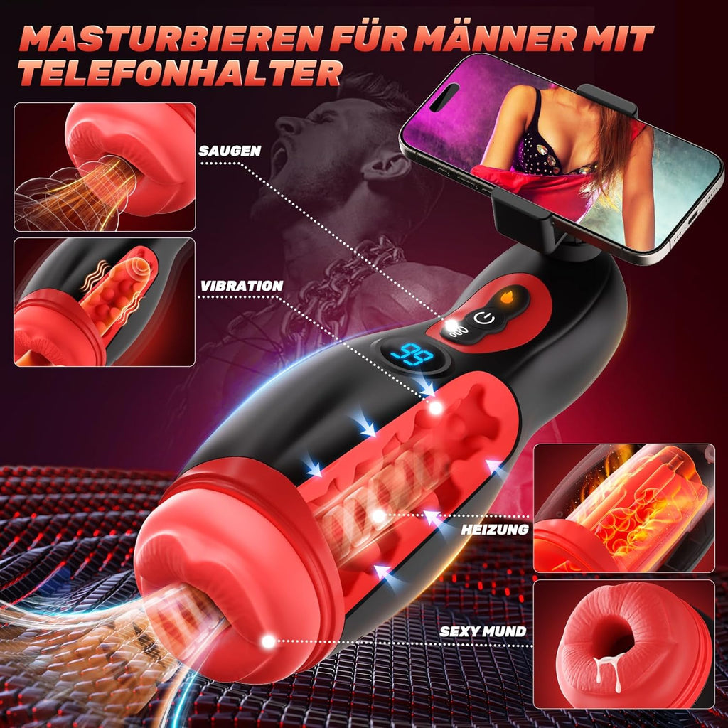 Elektrische Masturbator mit Telefonhalter, Mundförmig Masturbieren für Männer Blowjob mit 9 Saugmodi 9 Vibration, 3D Realistisch Vagina Heizung Sex Spielzeug für die Männer LCD Display, APP-Steuerung