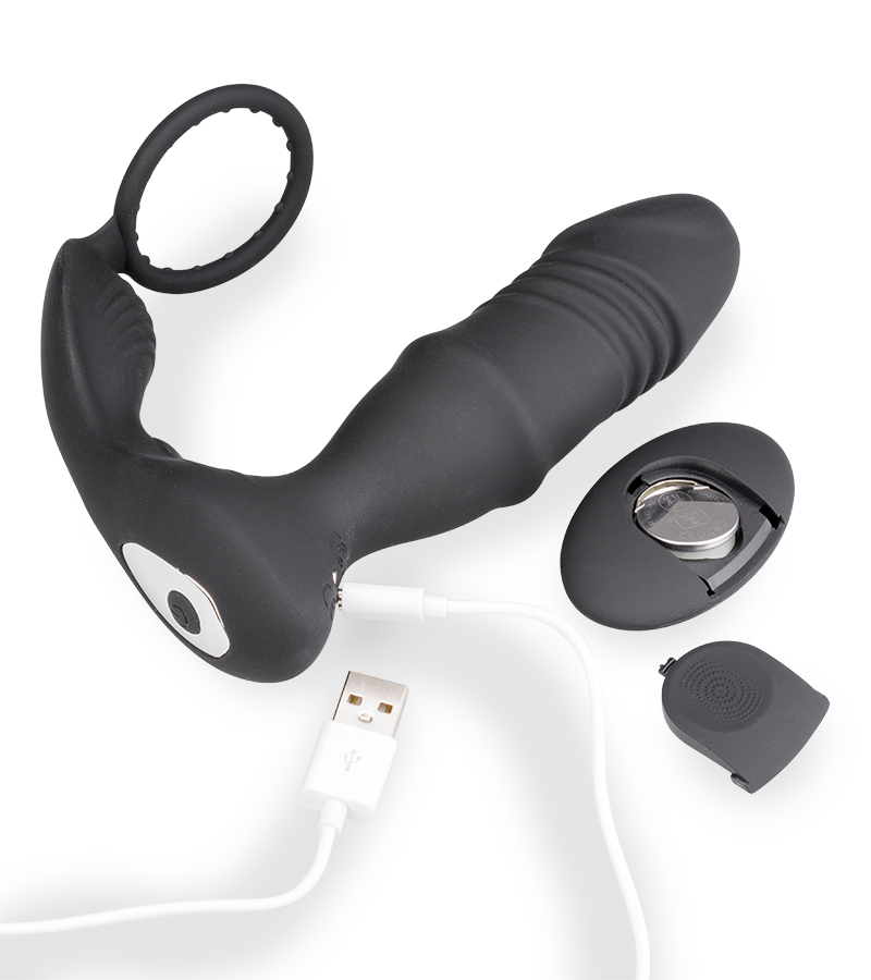 Analplug mit Vibration, Stoßfunktion und Cockring Clark