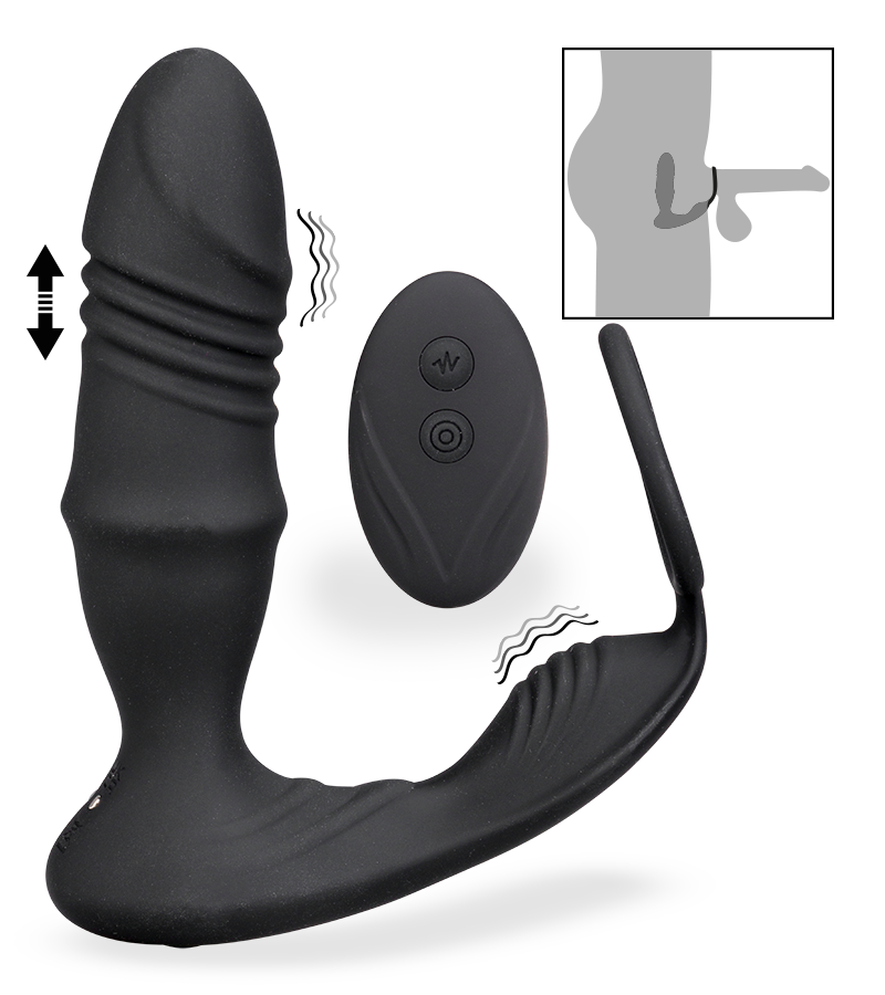 Analplug mit Vibration, Stoßfunktion und Cockring Clark