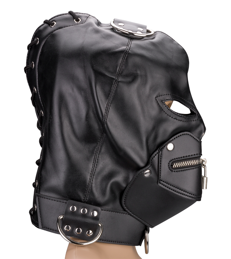 BDSM-Kopfmaske mit Reißverschluss am Mund und Schloss