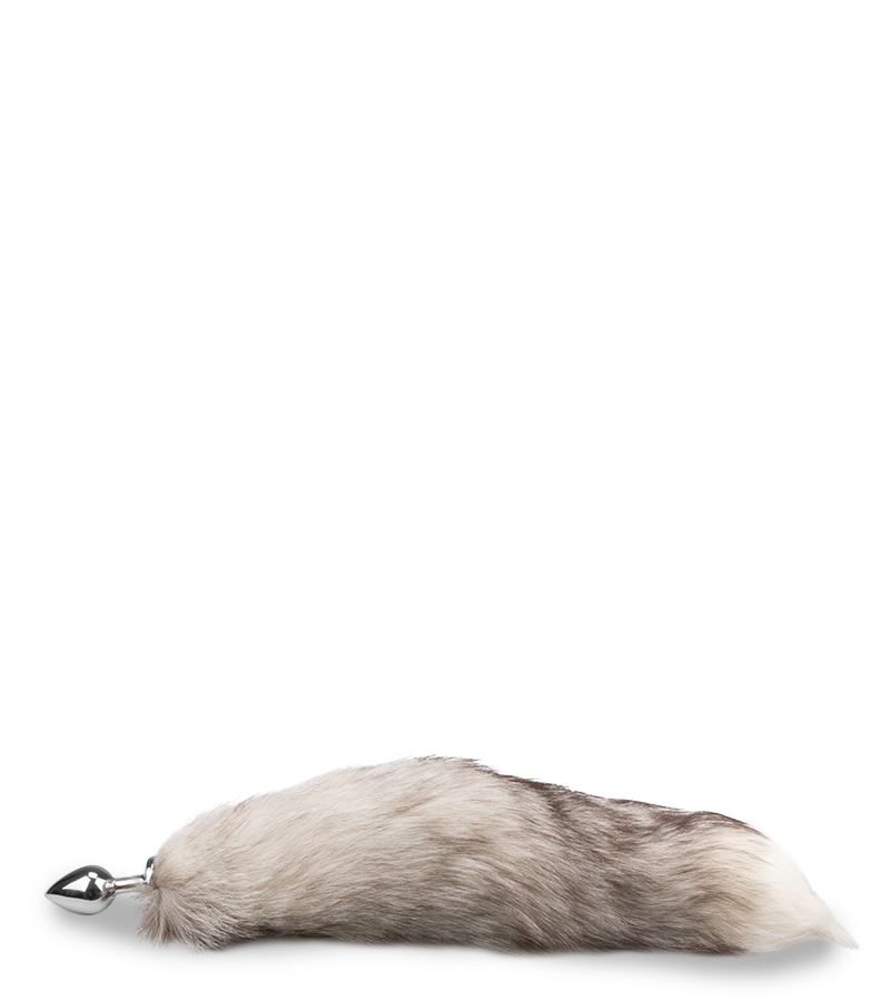 Grau-weißer Fuchsschwanz-Buttplug mit echtem Fell